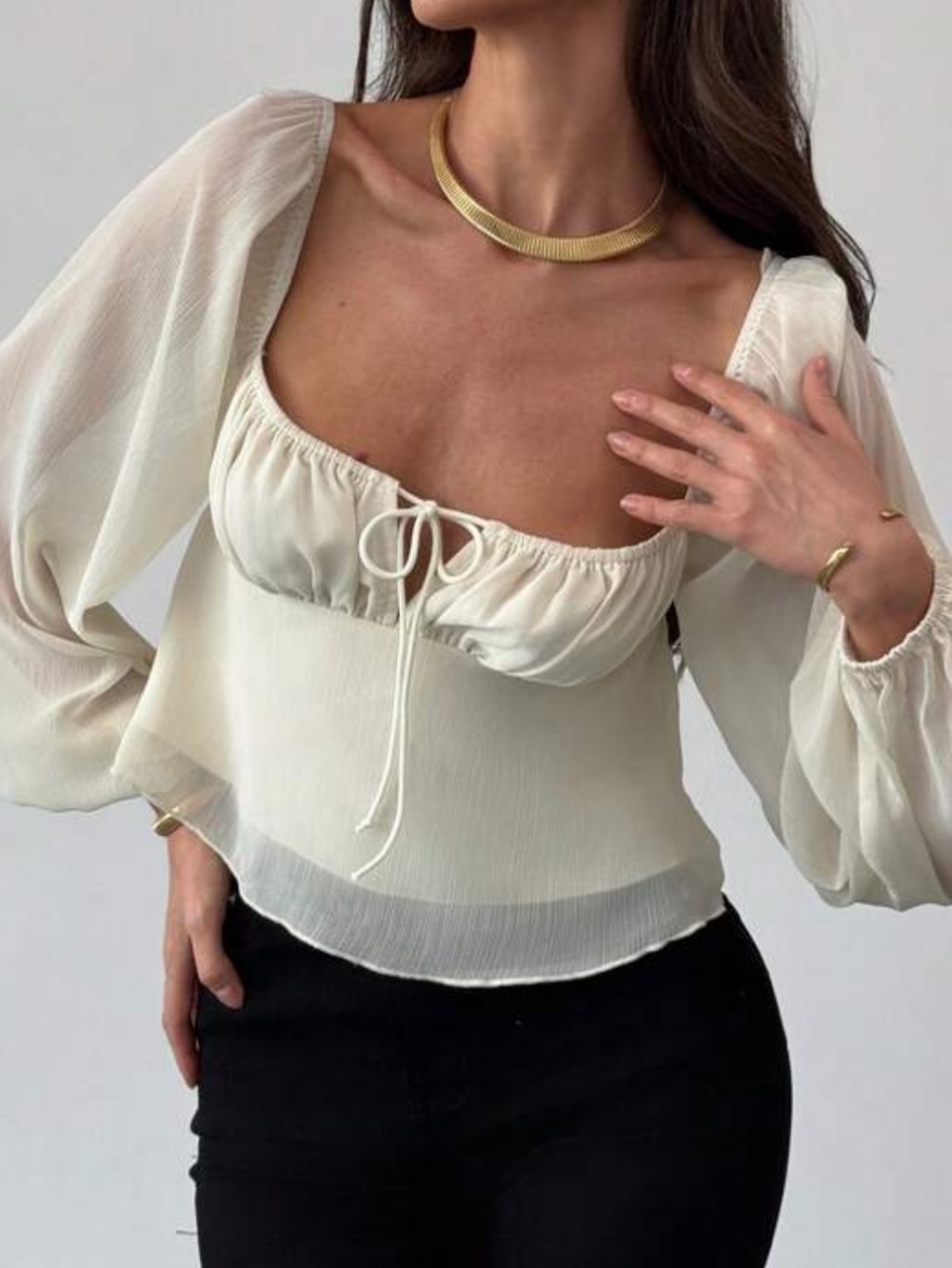 Lightweight Cream Peasant-Sleeve Women's Top
